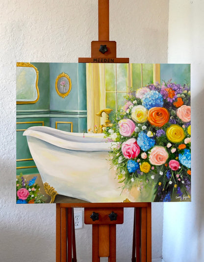 Painting of a bathtub filled with multicolored flowers in victorian room sitting on an easel against a white wall