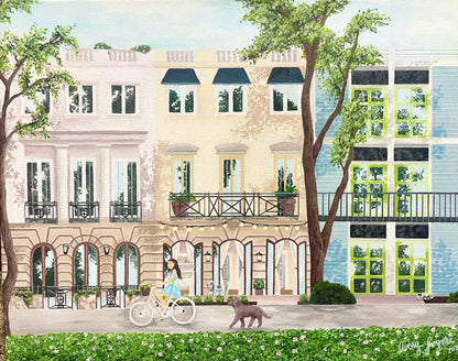 Illustration of a street scene with buildings, trees, and a person on a bicycle.