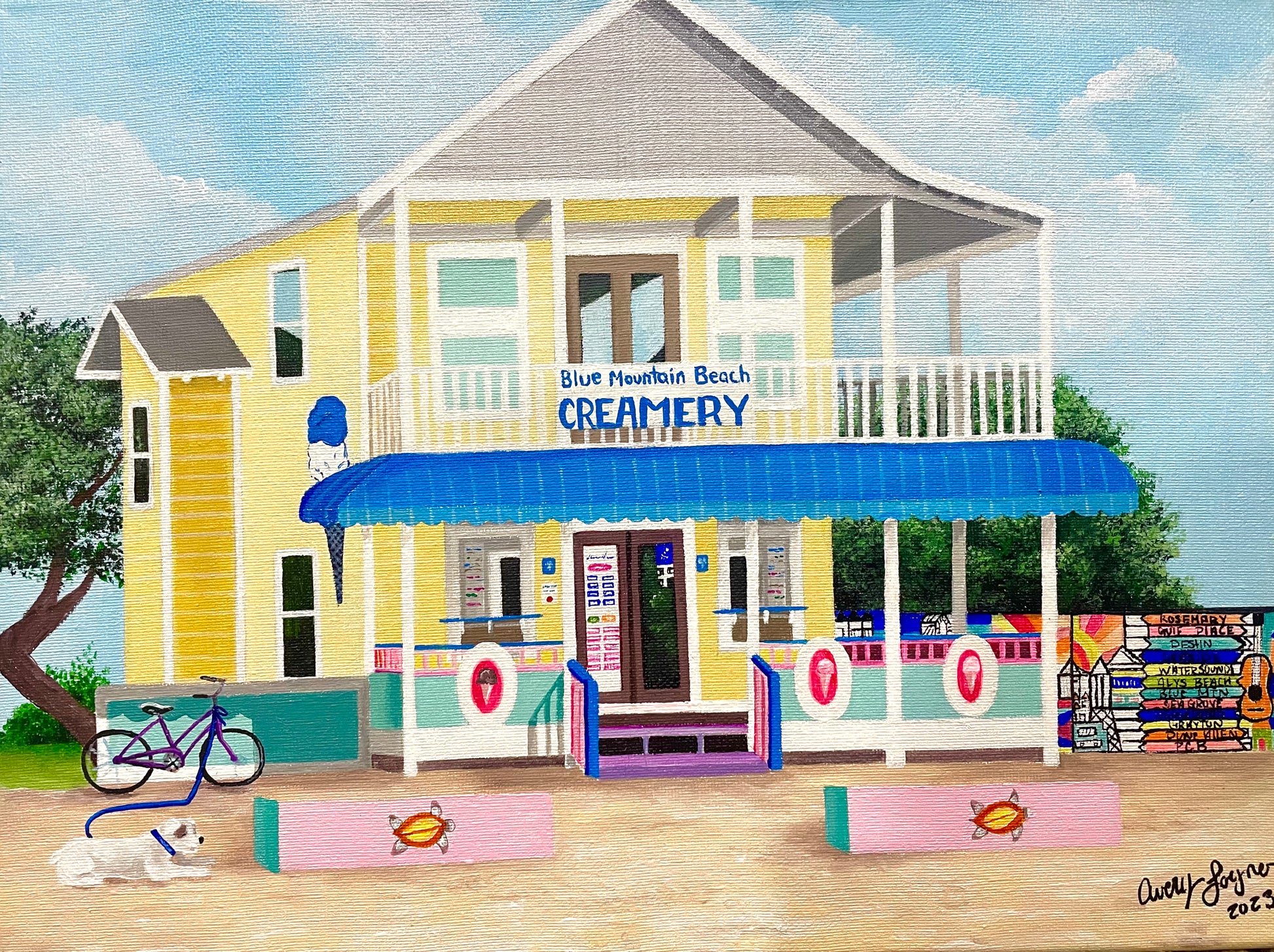 Painting of a creamery building with a blue awning and ice cream shop sign.