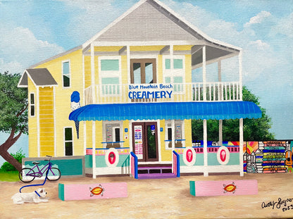 Painting of a creamery building with a blue awning and ice cream shop sign.
