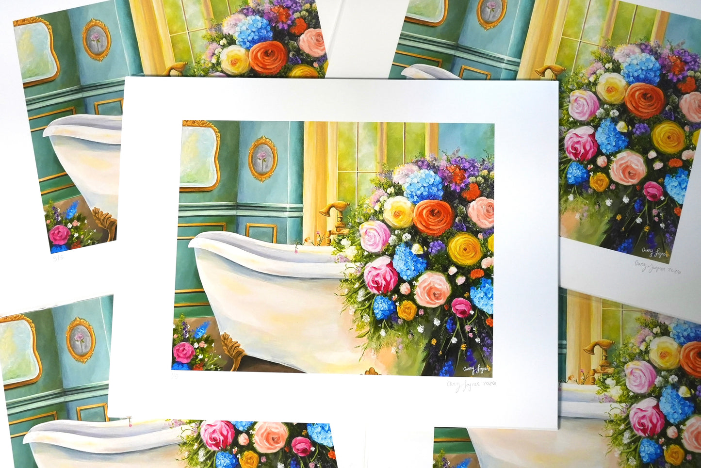 Collage of a bathroom scene with flowers and a bathtub, surrounded by floral arrangements.