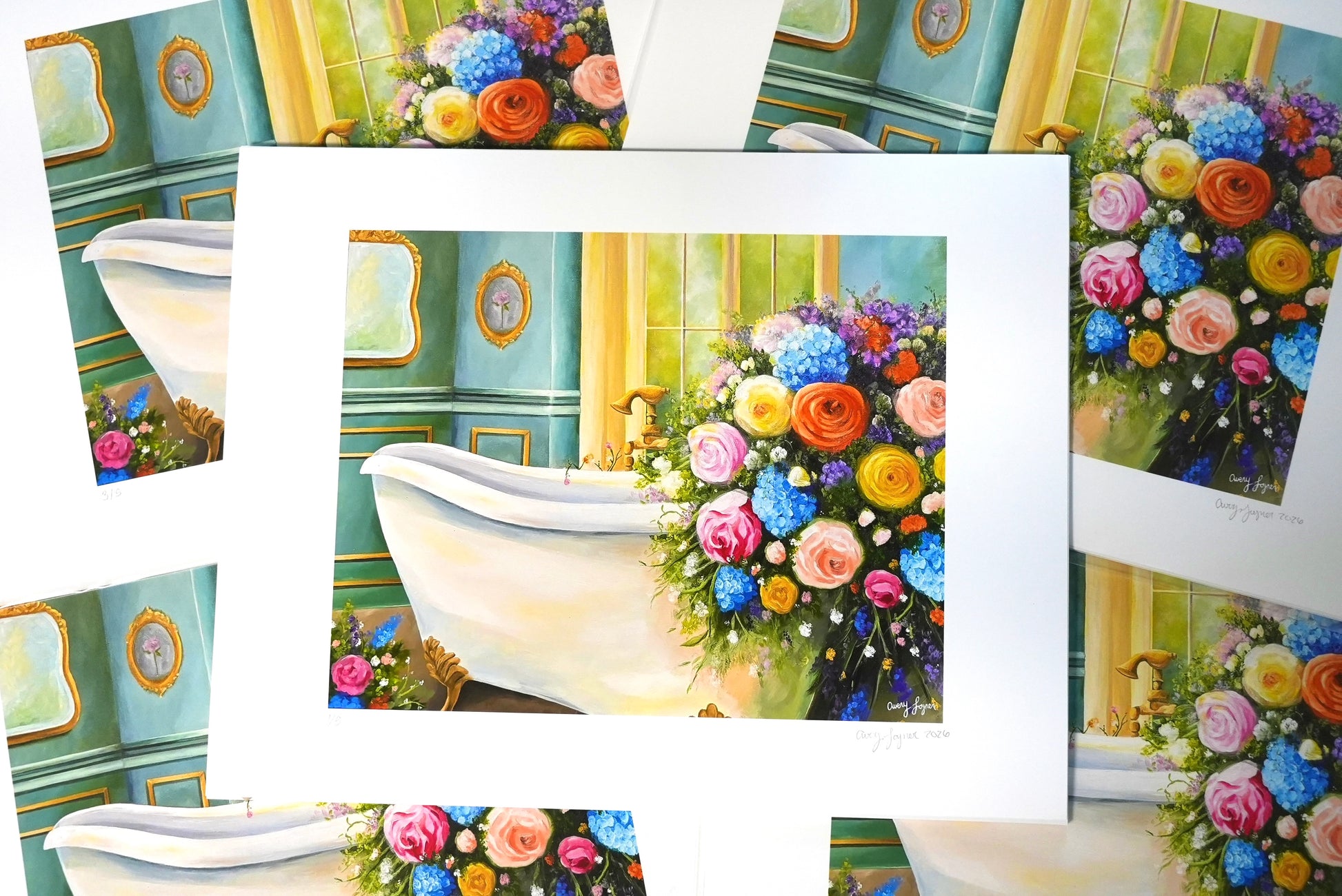 Collage of a bathroom scene with flowers and a bathtub, surrounded by floral arrangements.