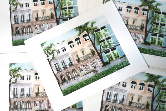 Collection of prints with illustrations of buildings and trees.