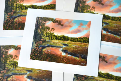 Set of landscape paintings with a focus on a river and trees.