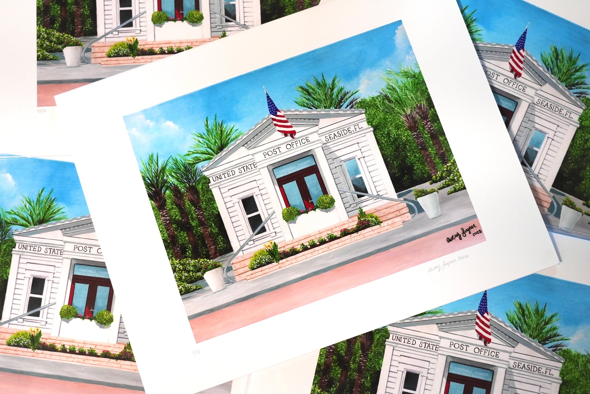 Collection of illustrations of a U.S. Post Office building with American flags.