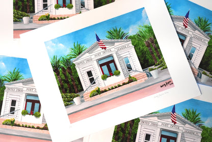 Collection of illustrations of a U.S. Post Office building with American flags.