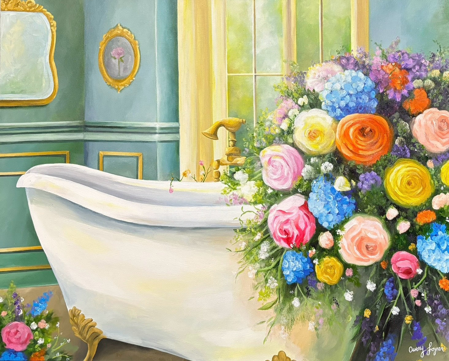 Decorative illustration of a bathroom with a freestanding bathtub and colorful flowers.
