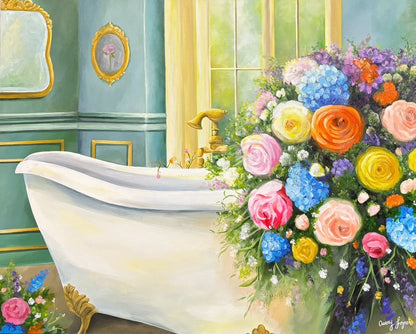 Decorative illustration of a bathroom with a freestanding bathtub and colorful flowers.
