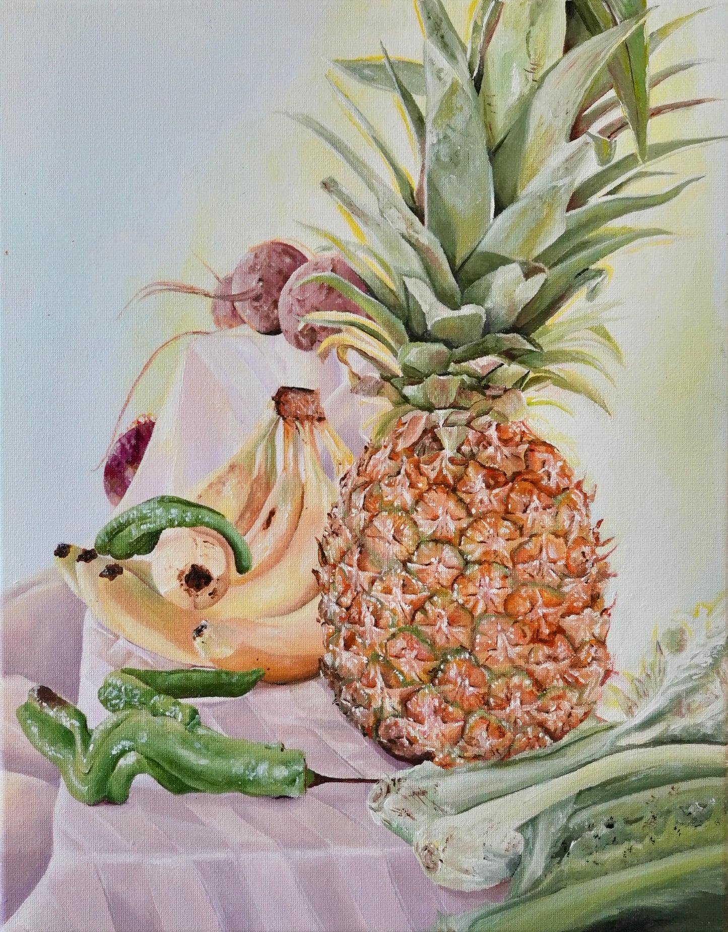 Still Life Painting of fruits and vegetables on lavender tablecloth
