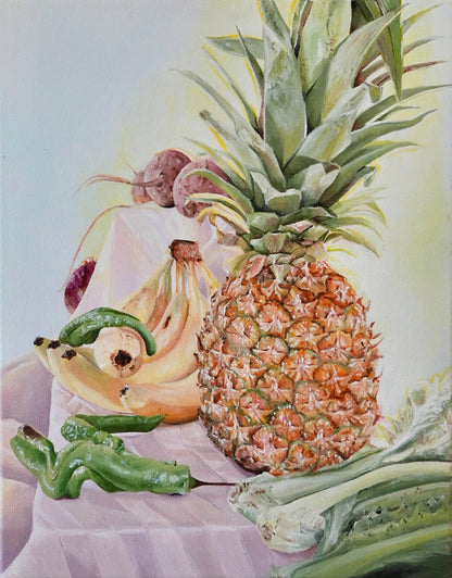 Still Life Painting of fruits and vegetables on lavender tablecloth
