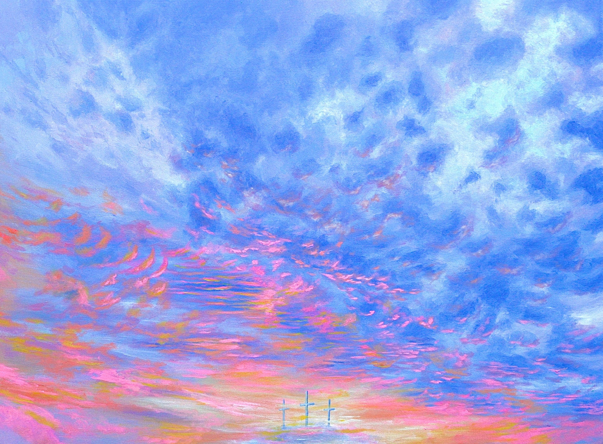 Painting of vibrant violet and pink sky with three crosses at the bottom