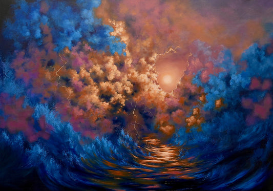 Colorful abstract painting of a sunset over water with blue, orange, and purple hues.