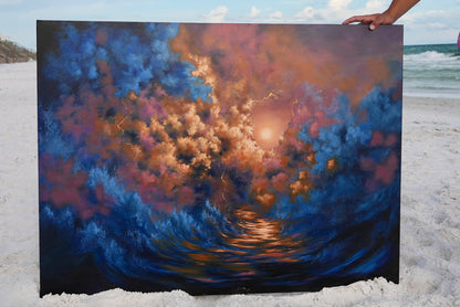 Painting of a sunset scene held by Avery's brother on a beach