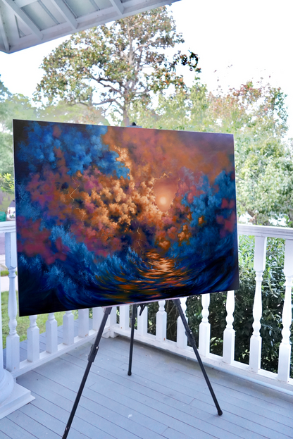 Abstract painting on an easel outdoors with trees in the background