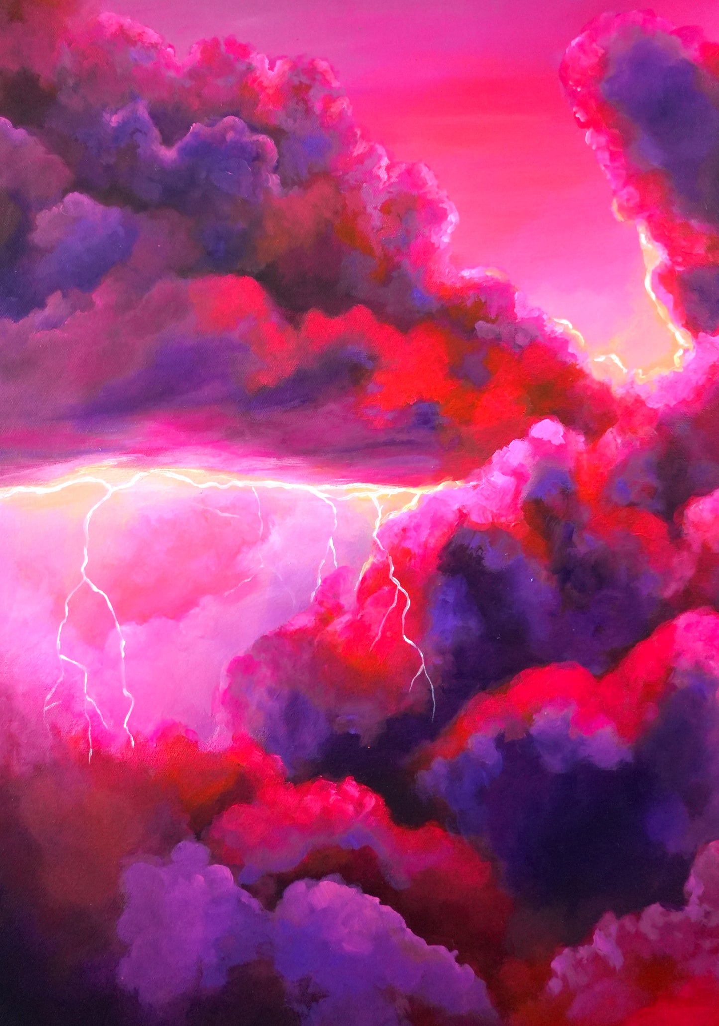 Closeup picture of colorful cloud formation with lightning strikes against a pink sky