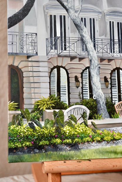 Decorative painting of a garden scene with a building in the background