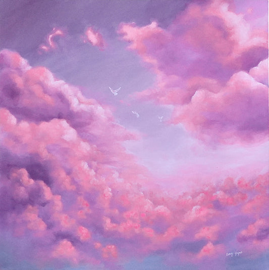 Painting of a pink and purple cloud-filled sky with birds.