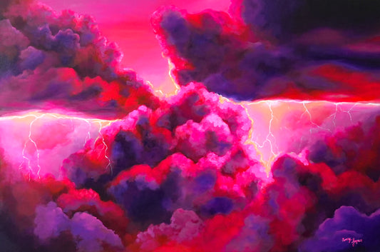 Colorful cloud and lightning artwork with a vibrant pink and purple palette.