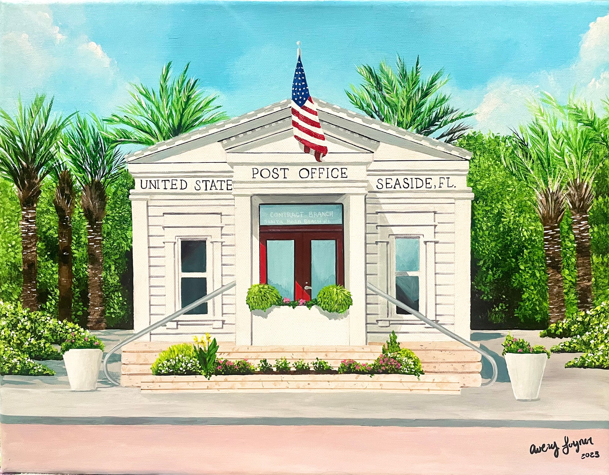 Illustration of a United States Post Office building with palm trees and a clear sky.