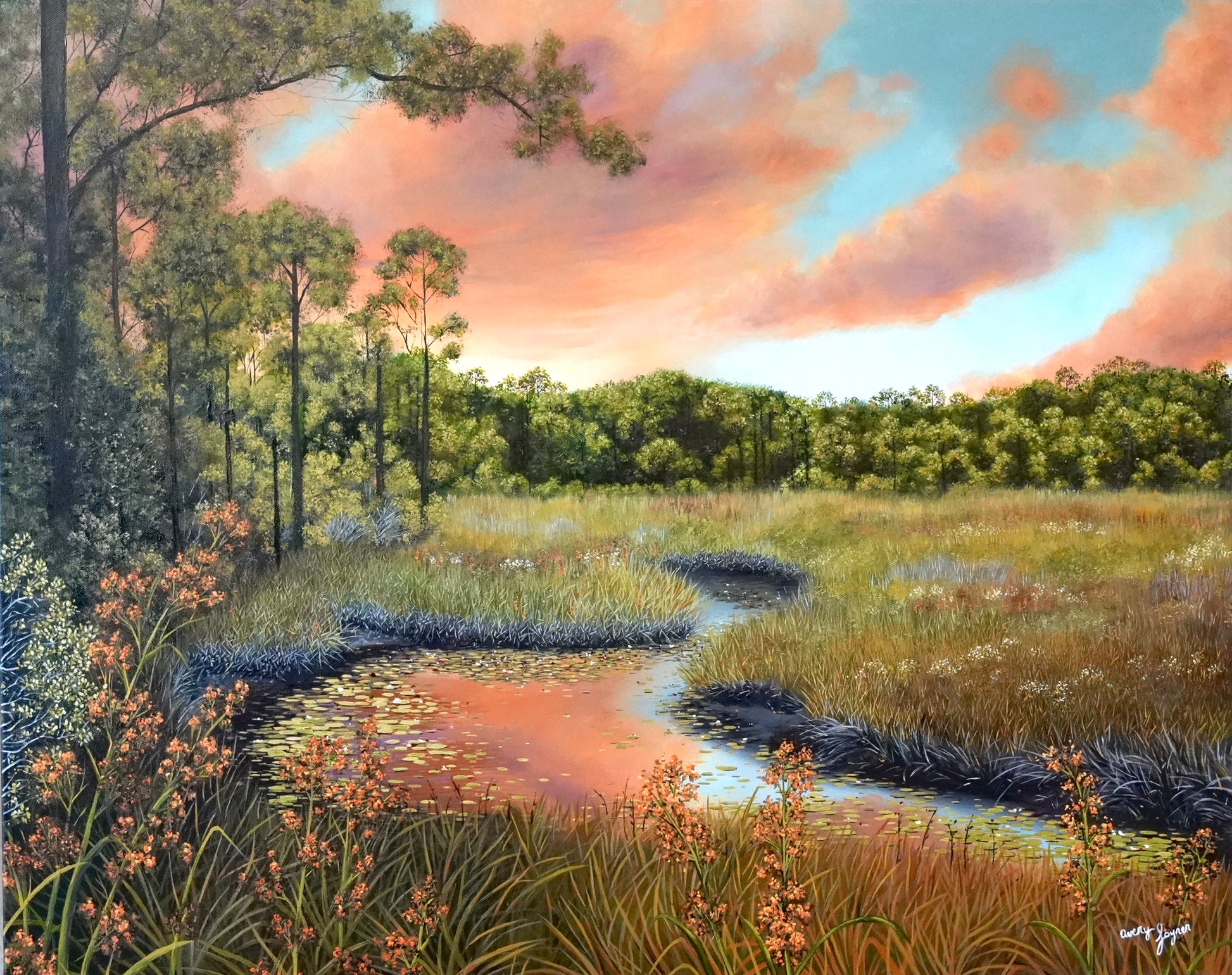 Painting of a serene landscape with a stream, trees, and a colorful sky.