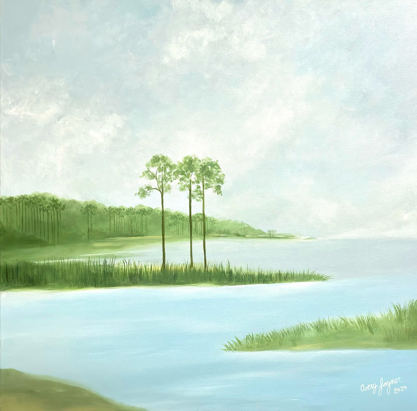 Landscape with two trees by a lake under a cloudy sky