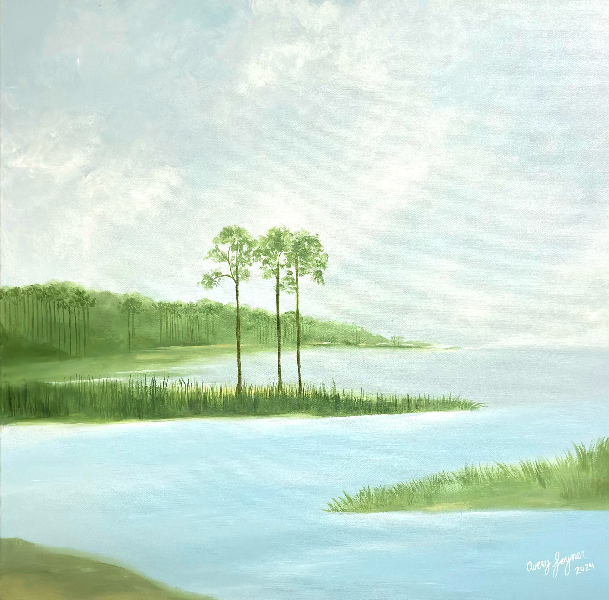 Landscape with two trees by a lake under a cloudy sky