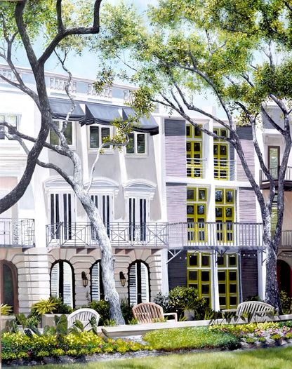 Artistic depiction of a building with balconies and trees in an urban setting